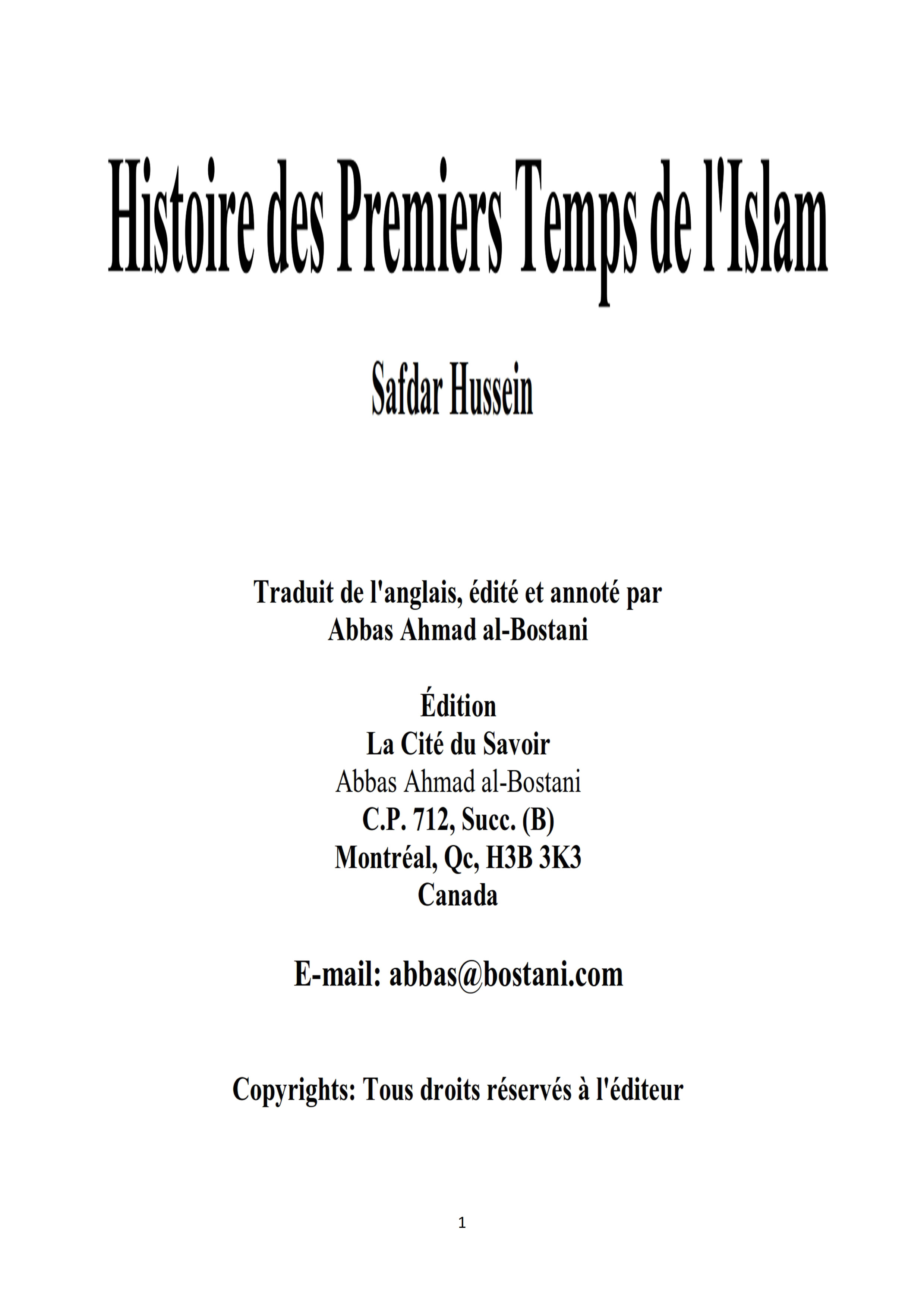 Histoire des Premiers Temps de l'Islam